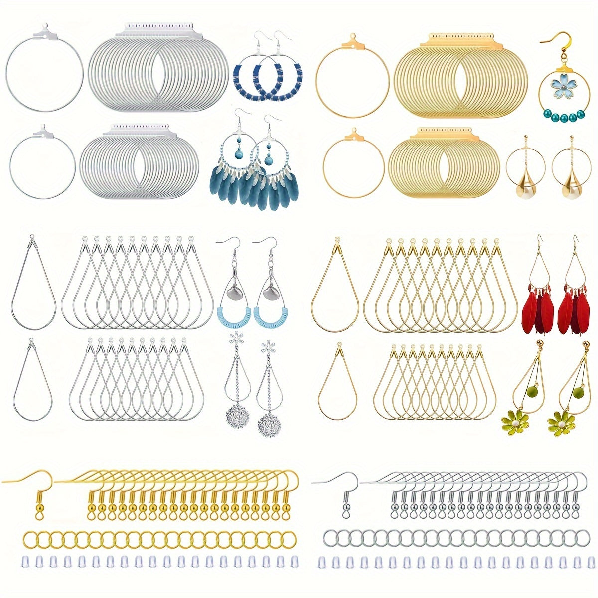 This bundle includes 380 earring making kits, featuring 80 bead hoop earring finding components, 100 hypoallergenic earring hooks, 100 jump rings, and 100 earring backs. It also comes with tear drop round earring bead hoop earring supplies, perfect for