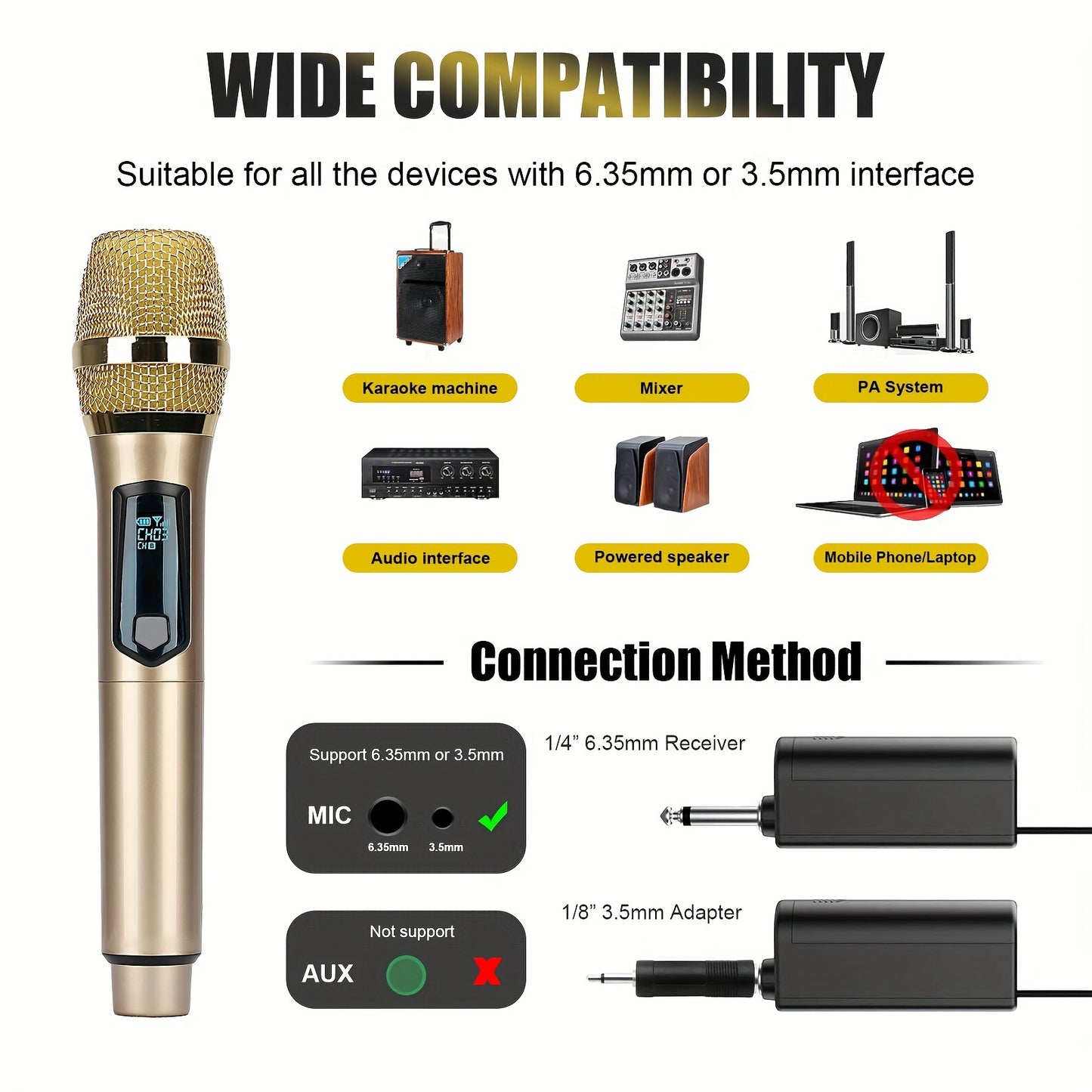 Universal wireless microphone with dual channels, rechargeable, plug-and-play, suitable for various uses such as karaoke, speeches, weddings, church services, and public address systems.