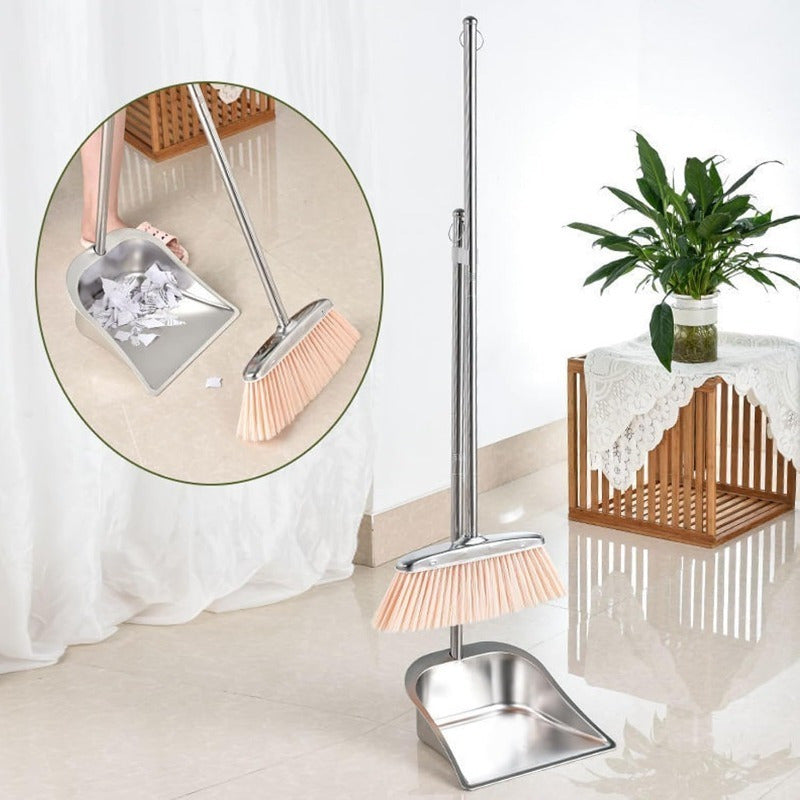 Two-piece Set of Stainless Steel Dustpan and Broom with Long Handle, Heavy-duty Upright Sweeping Brush with Hanging Ring, Ideal for Indoor Home Cleaning