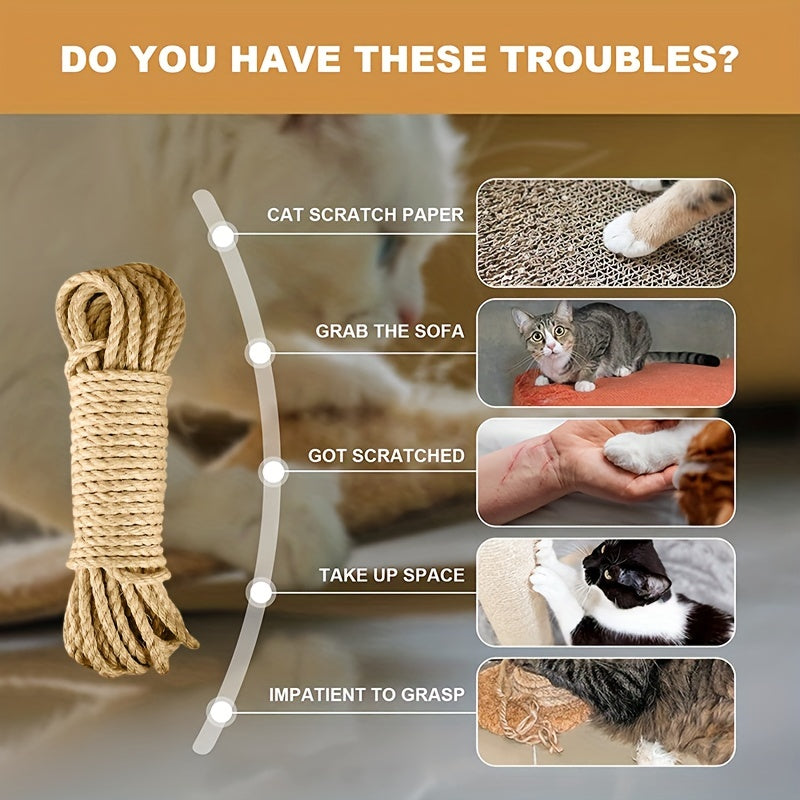 10M long natural sisal rope cat scratcher with DIY paw claw furniture protector for cats made from natural fabric material.