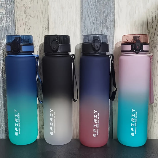 650ml/1000ml portable water bottle with leakproof gradient design, perfect for outdoor activities and travel. Made of PVC-free plastic and has a round shape.