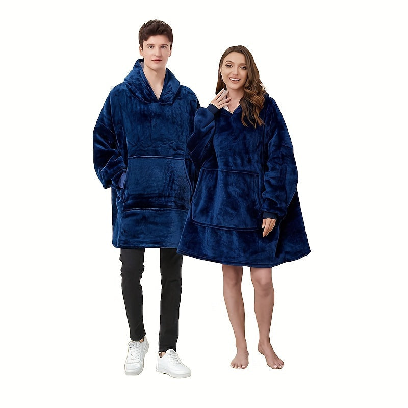 One piece of an oversized hooded blanket made from super soft flannel fabric. This wearable blanket features a stylish hood and a convenient pocket, providing warmth and comfort in cold weather.