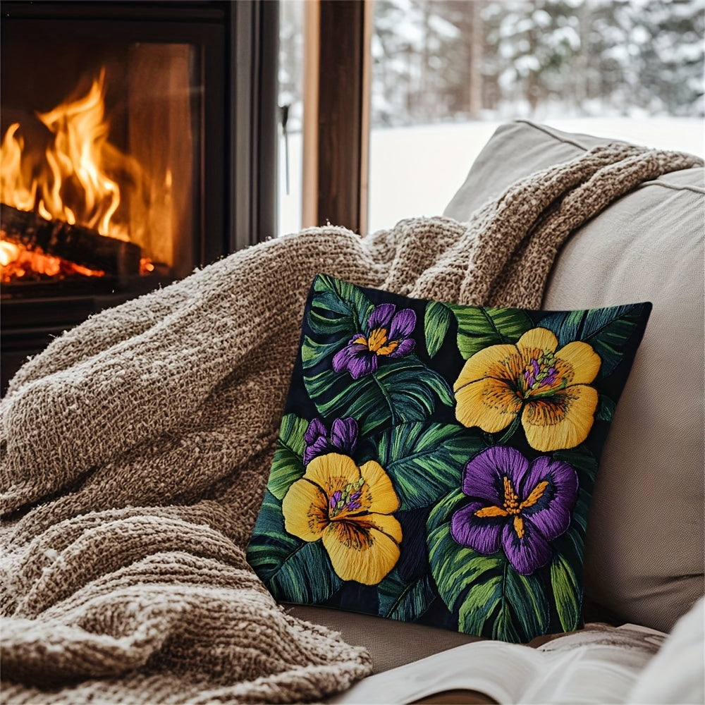 Square Pillow Cover with Tropical Floral Embroidery, Made of 100% Polyester, Double-Sided Design with Zipper Closure, Easy to Clean in Washing Machine, Ideal for Home or Office Farmhouse Style Decoration