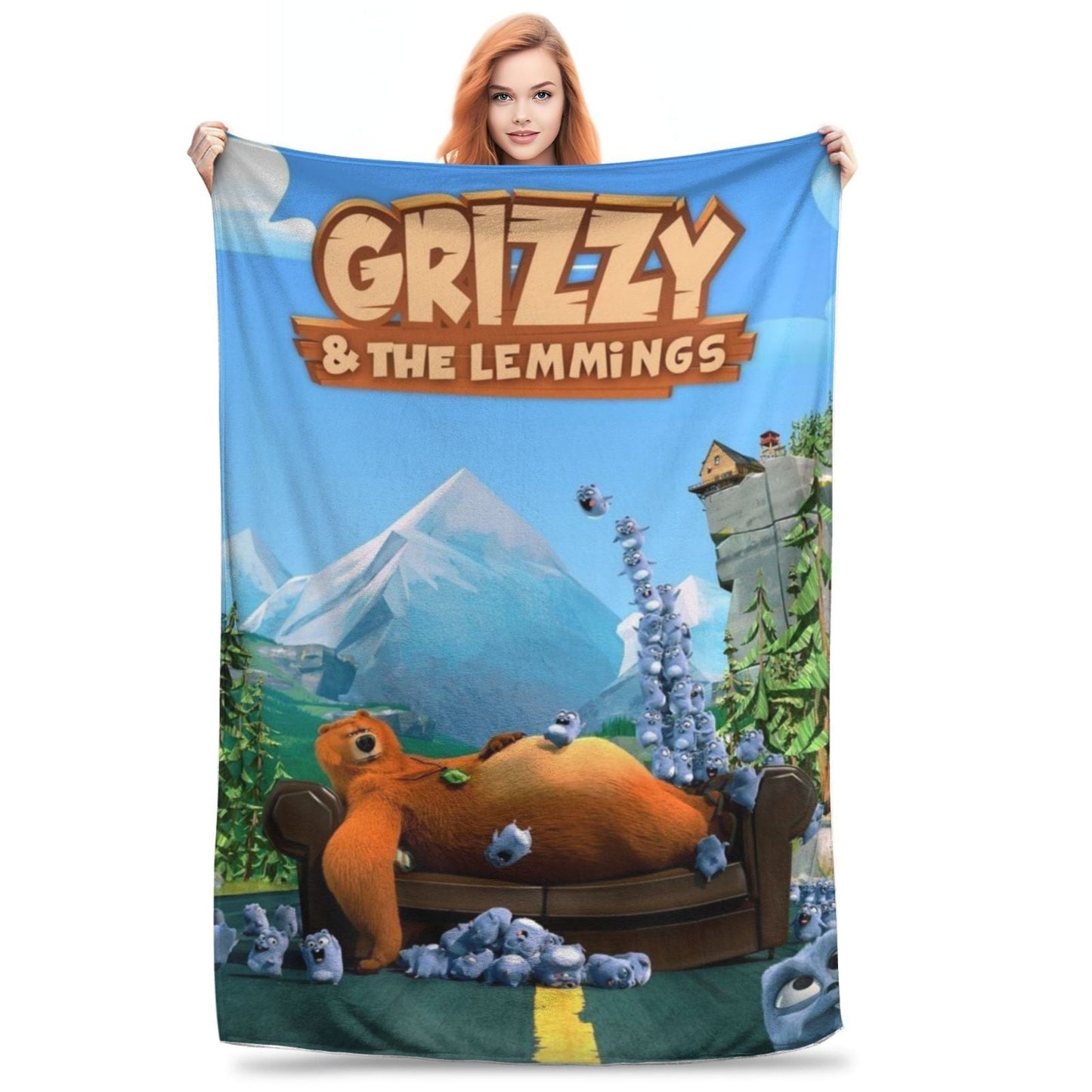 Soft polyester Grizzly & The Lemmings printed flannel throw blanket features a contemporary style with digital print and knitted craftsmanship. It showcases a charming design that is versatile for use on the sofa, bed, office, travel, and camping. This