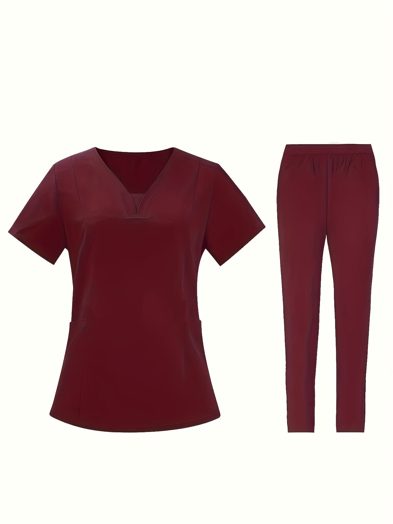 Women's V-Neck Scrub Set in Red, Polyester Blend, Short Sleeve, Machine Washable, with Pockets.