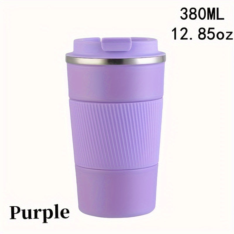 Stainless steel travel mug, available in 12.85oz or 17.25oz sizes. Features vacuum insulation for keeping drinks hot or cold, spill-proof leakproof lid, and double-walled design. Perfect for coffee, tea, or beer on-the-go. Reusable and durable.