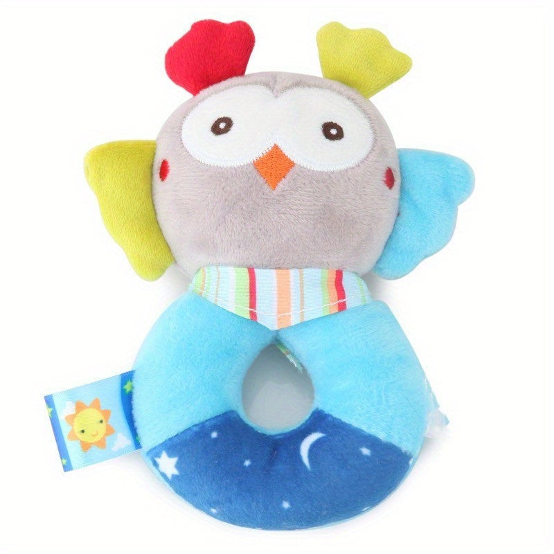 Round hand rattle baby toy with adorable cartoon animal design, a plush and cute option for your little one.