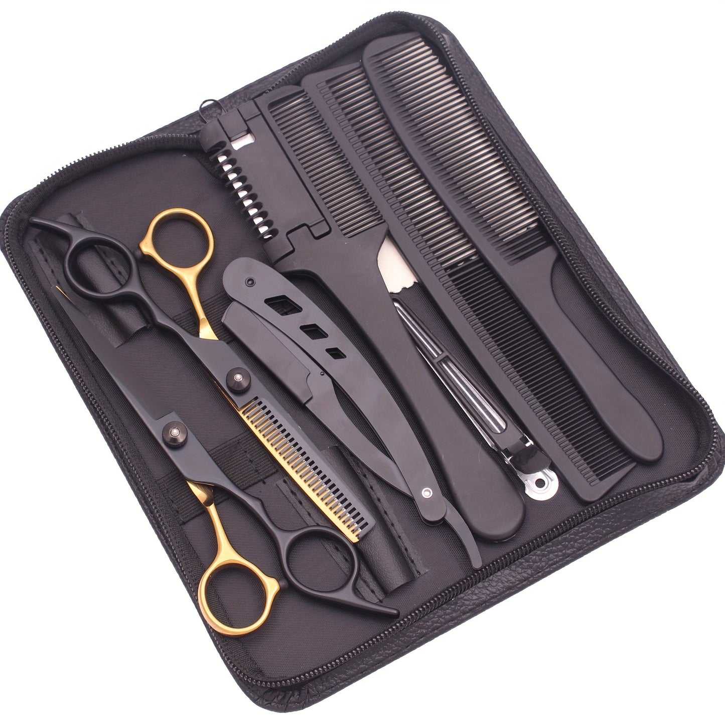 6-inch hair cutting scissors set with a variety of styling tools including thinning scissors, shaver comb, double-sided comb, and apple comb.