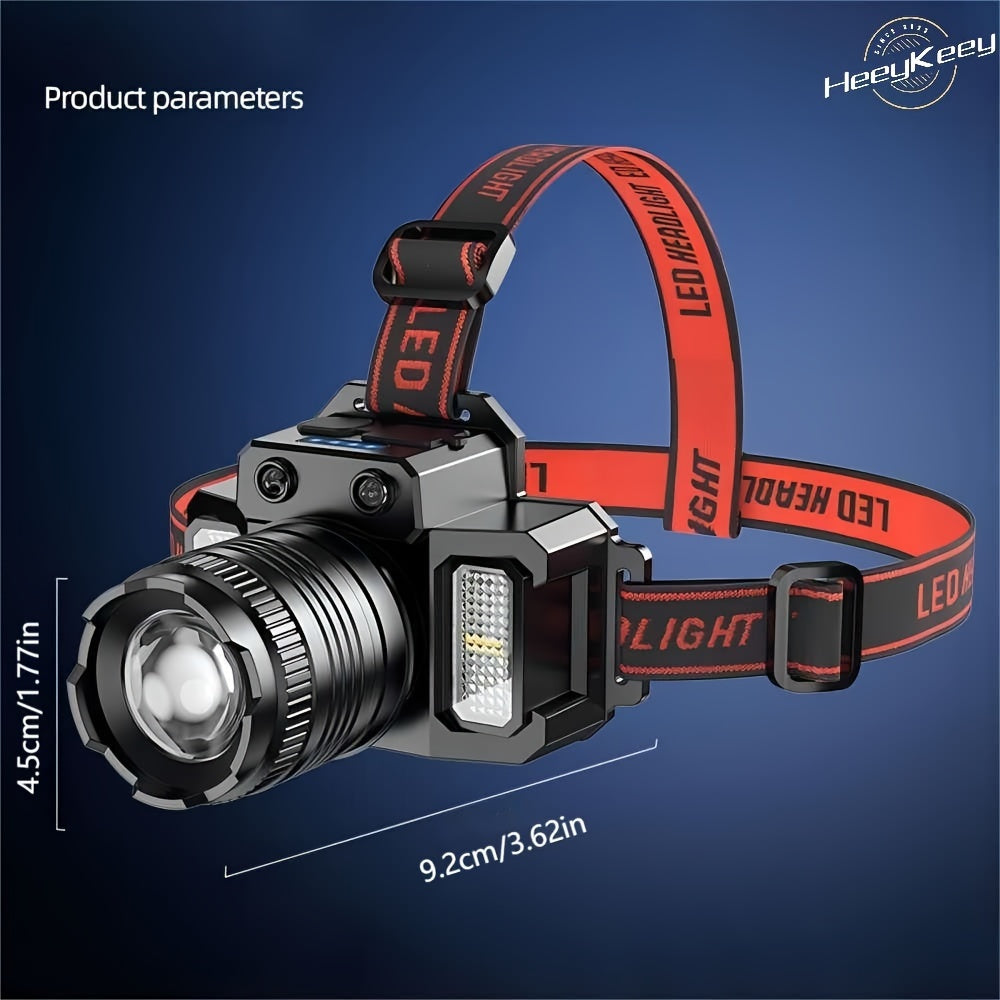 A powerful LED headlamp with infrared sensor zoom, ideal for outdoor activities and emergencies.