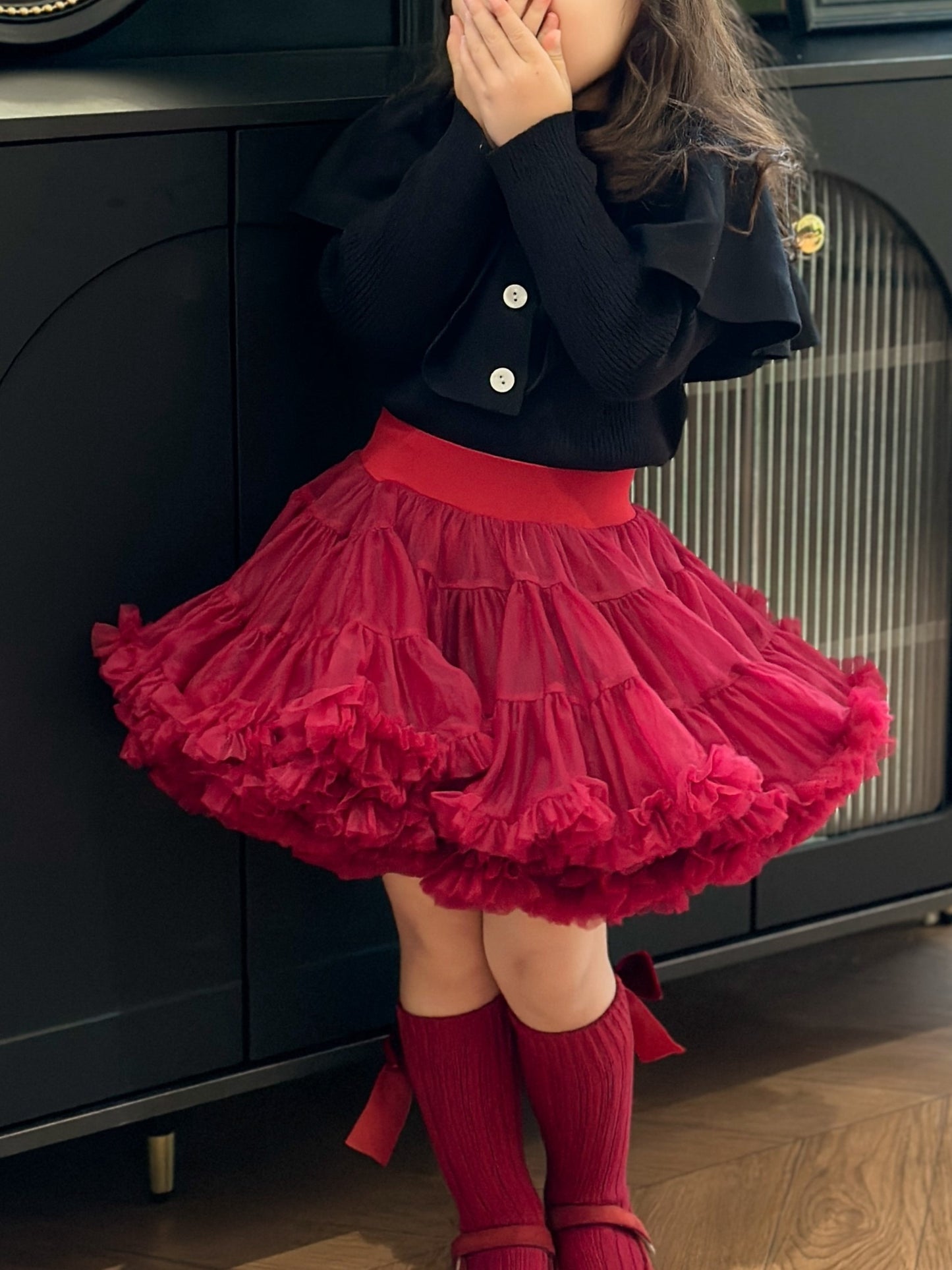 Girls' Princess Skirt in charming wine red baroque style, with tulle overlay, 100% polyester, perfect for all seasons.