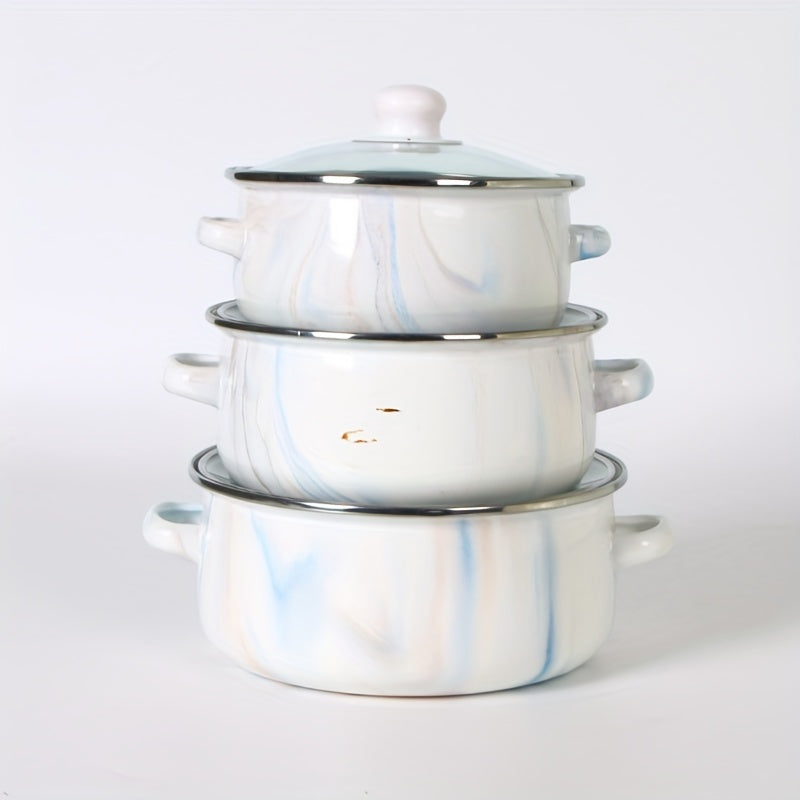 3-Piece Mini Enameled Pot Set with Glass Lids, Enamel Cookware Collection