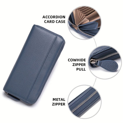 Women's Genuine Leather RFID Anti-theft Long Zipper Wallet with 19 card slots, 1 coin pocket, and 5 cash slots.