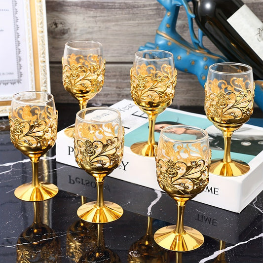 Elegant golden goblets with vintage European style, ideal for parties, weddings, and festivals. Hand wash only, reusable with floral pattern.