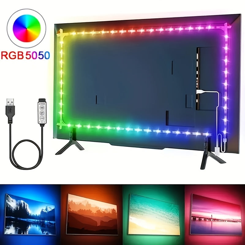 97.54cm USB-powered RGB LED strip with mini controller for bedroom, party, home decoration.