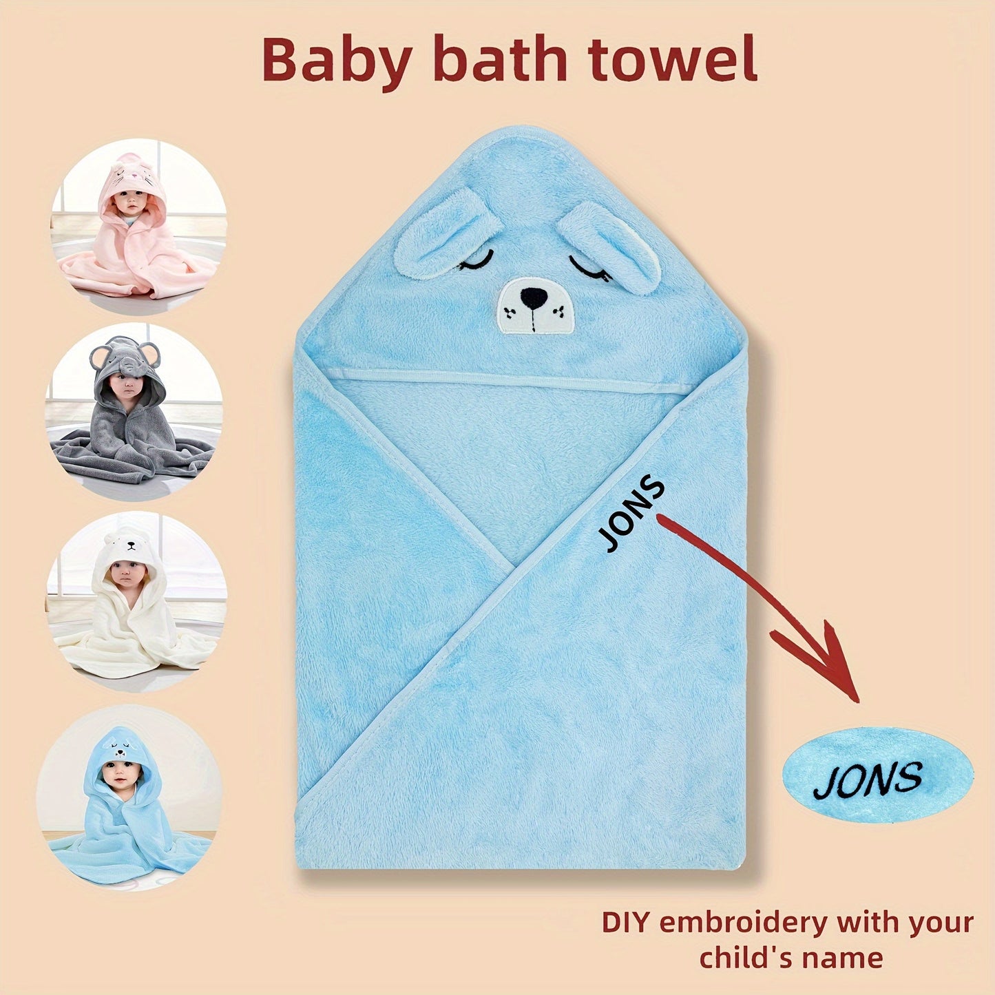 Personalized Hooded Bath Towel with Embroidered Name for Kids - Made with Soft Polyester, Ideal for Christmas and Gift Giving - Choose from Gray, White, Pink, or Blue Options