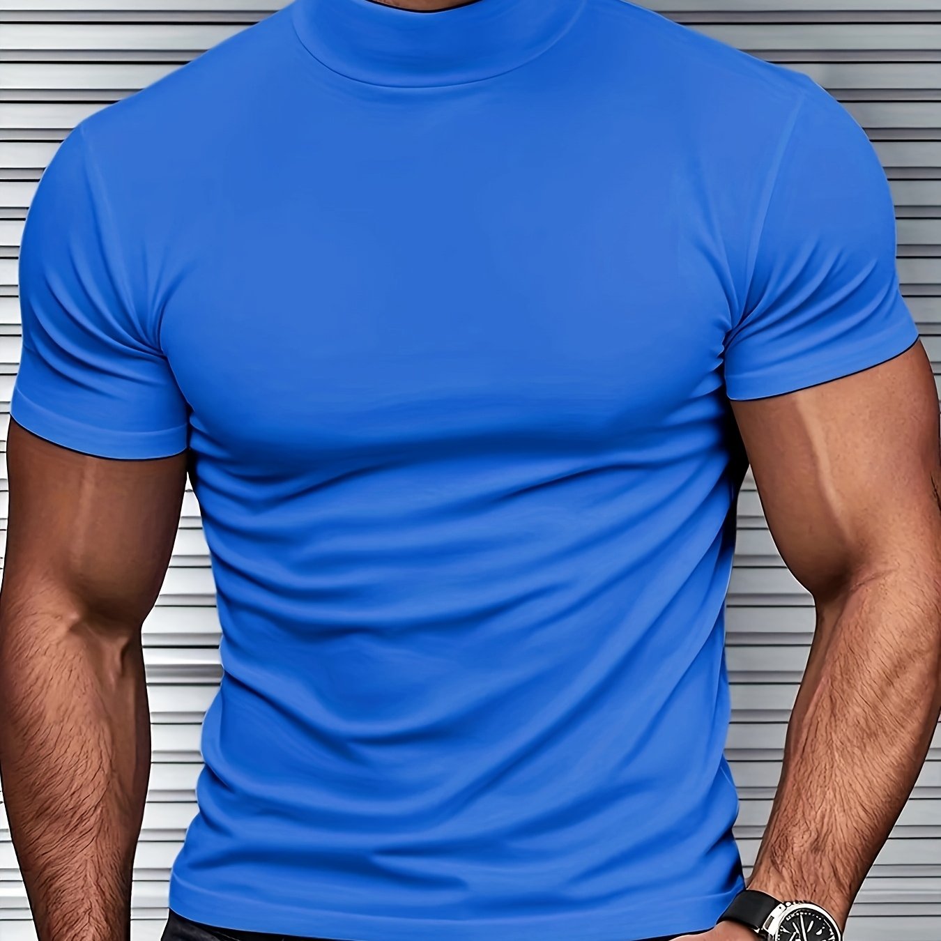 Men's slim fit short sleeve t-shirt with stand collar, ideal for gym and outdoor activities, made of breathable polyester-spandex blend, suitable for all-season wear.