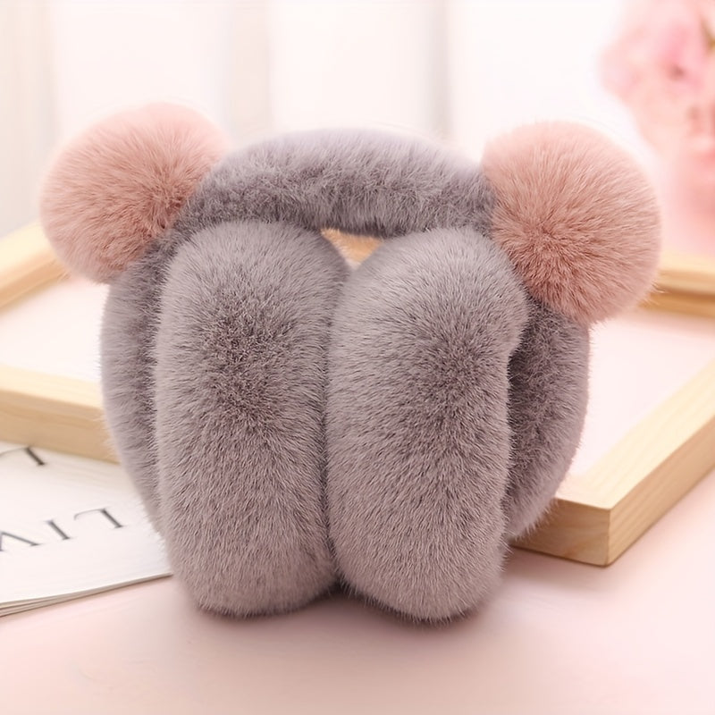 Women's Winter Outdoor Foldable Faux Fur Ear Warmers with Cute Pom Pom Plush Earmuffs in Solid Block Design