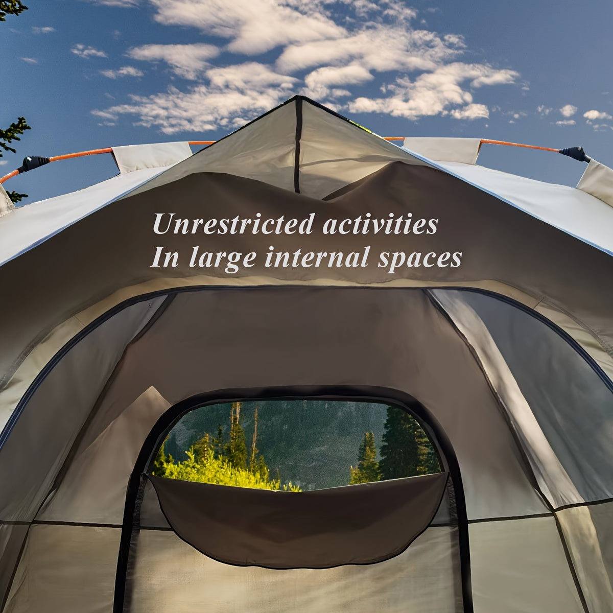 Light brown square tent for 4 people with automatic pop-up feature, waterproof Oxford cloth material, zipper closure, and glass fiber frame. Portable for camping, fishing, hiking