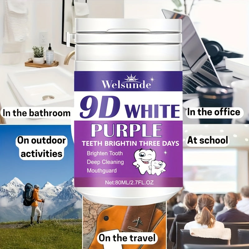 Welsunde 9D White Purple Tooth Powder: Deep cleans, brightens teeth, and freshens breath. Ideal for daily use and travel. 80g.