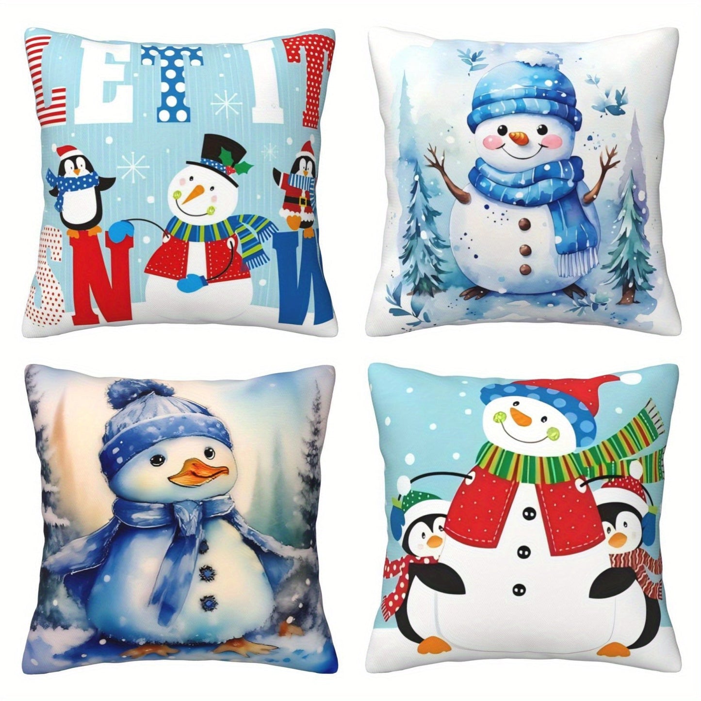 Christmas Decoration Pillow Cover featuring a festive snowman design, perfect for adding holiday cheer to your living room or bedroom. Makes a great Christmas gift or decoration. Each cover measures 45*45CM and comes in a set of 4 or individually. Pillow