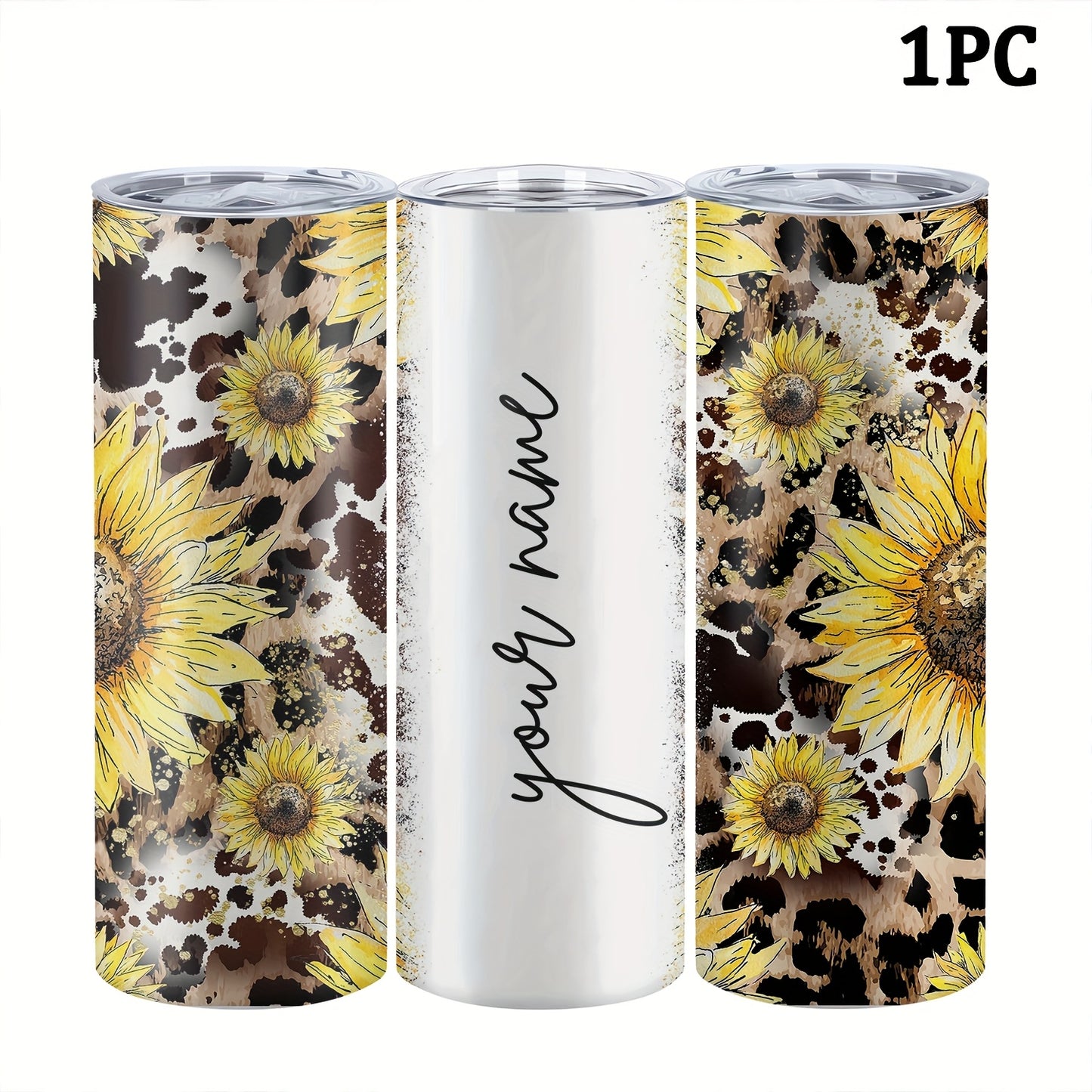 Customized sunflower stainless steel water bottle, 20oz with lid and straw, BPA-free, shatterproof, machine washable, perfect for outdoor travel and Valentine's Day gift.