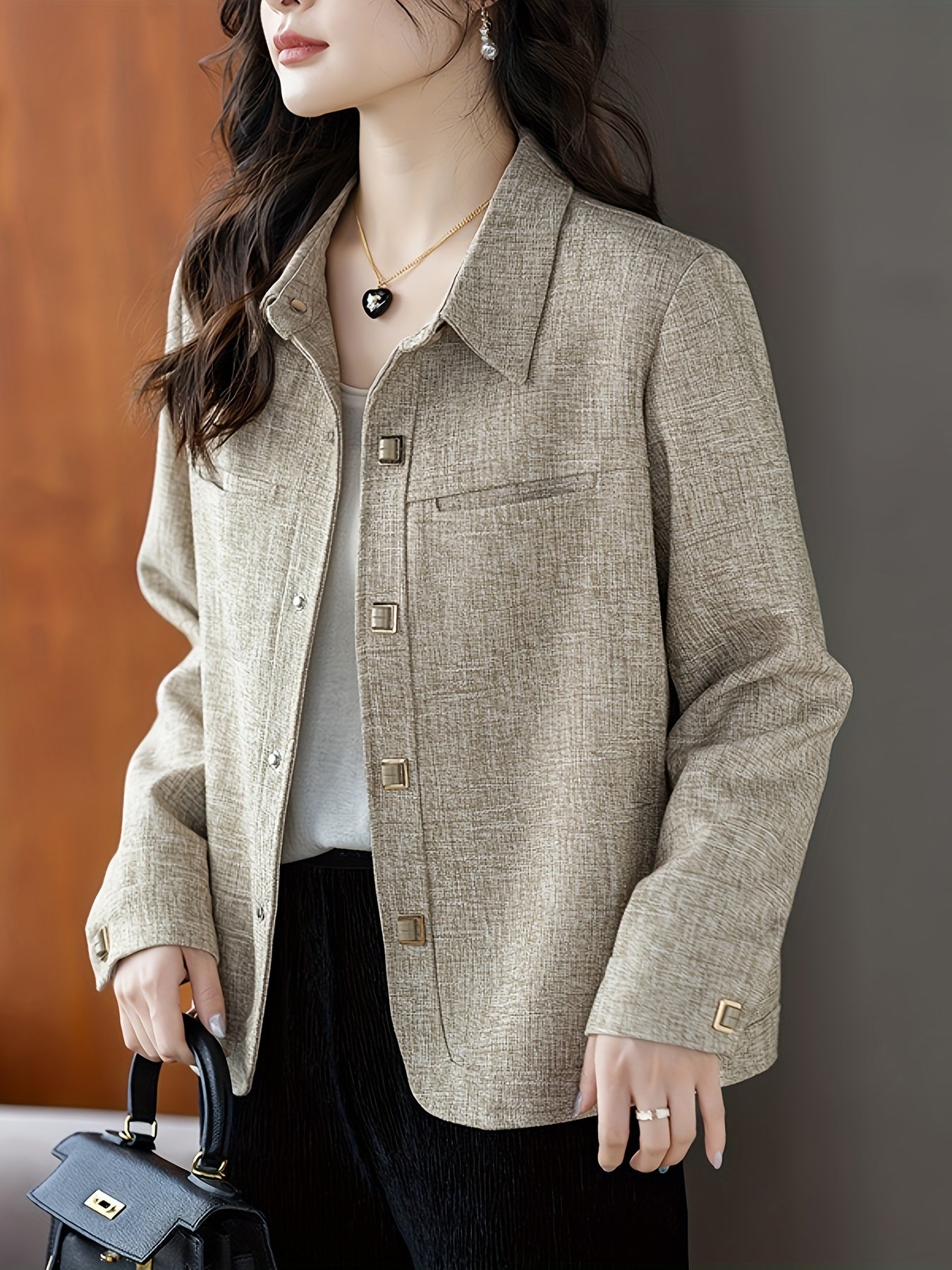 Women's Elegant Slim Fit Long Sleeve Jacket made of 100% Polyester with Asian Style Lapel Collar, Slight Stretch, and Button Detail. Ideal for Spring/Fall, available in Plus Size.