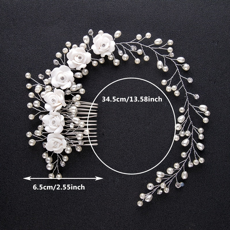 Elegant faux pearl headband headdress handmade for the bride, a perfect accessory to complement her wedding dress with beautiful rose detailing. Ideal for adding a touch of glamour to the wedding day look.