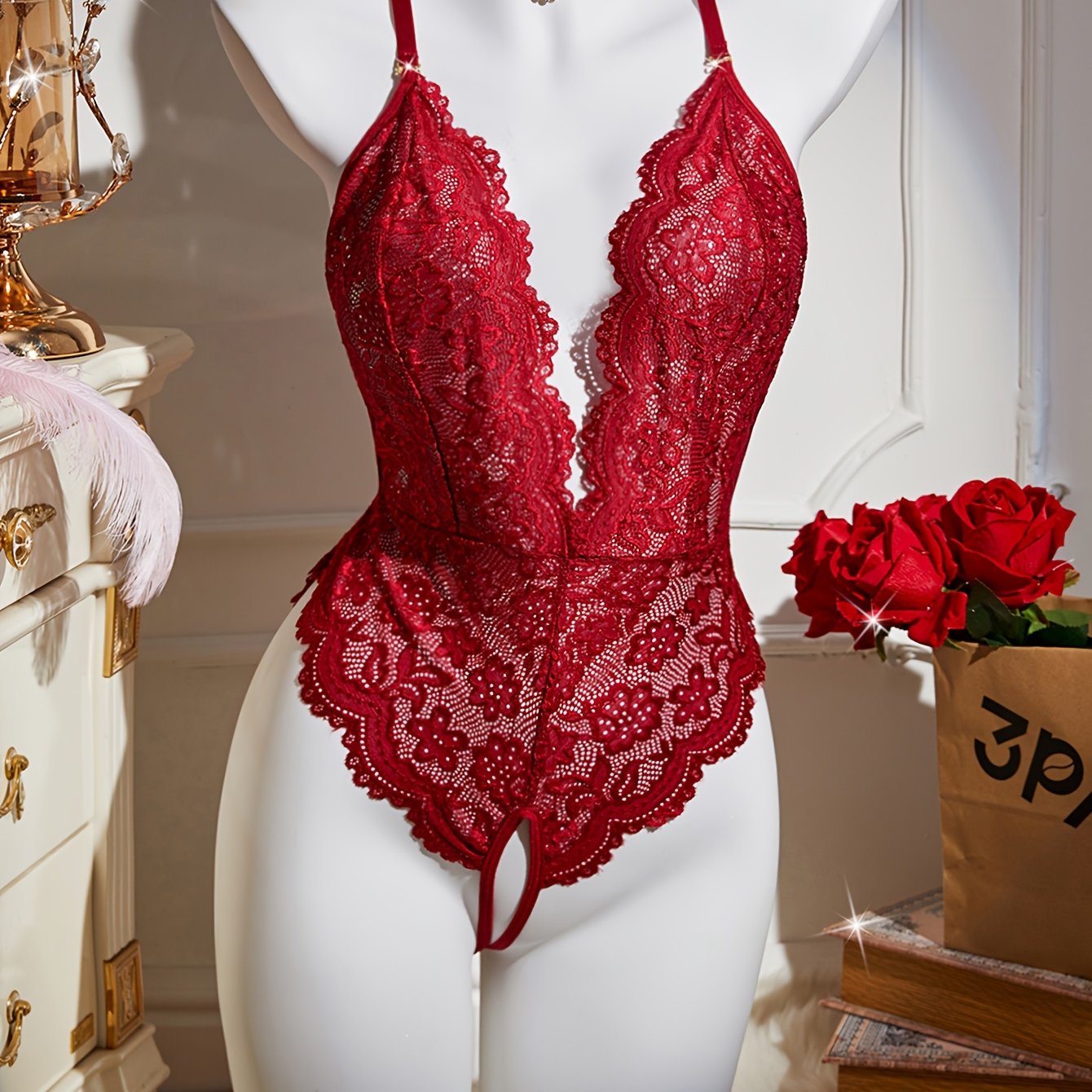 1pc Women's Sexy Lace Bodysuit - Polyamide & Elastane fabric, Deep V-Neck with Scalloped Trim, Open Crotch, High Waist Briefs, Medium Support, No Padding - Valentine's Day Lingerie &