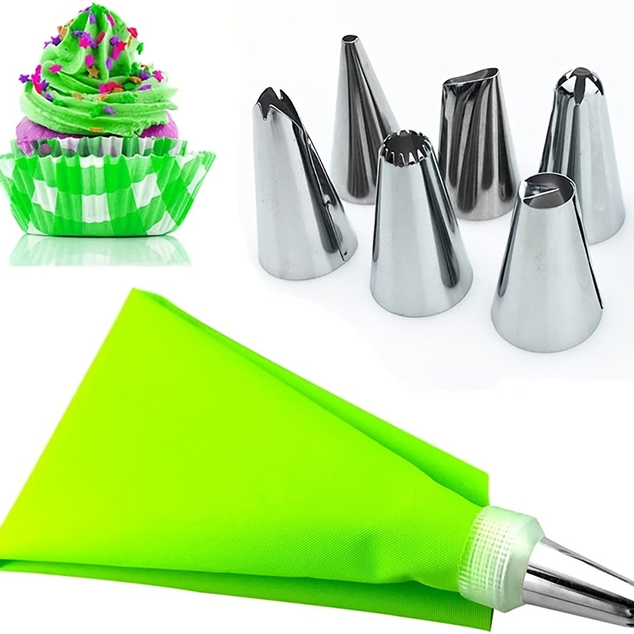 This set includes 8 pieces of Weluvfit Silicone Icing Piping Bags, featuring reusable pastry piping bags with 6 stainless steel nozzles. The DIY cake decorating supplies kit includes 6 nozzles, 1 pastry bag, and 1 white converter. It is easy to use and