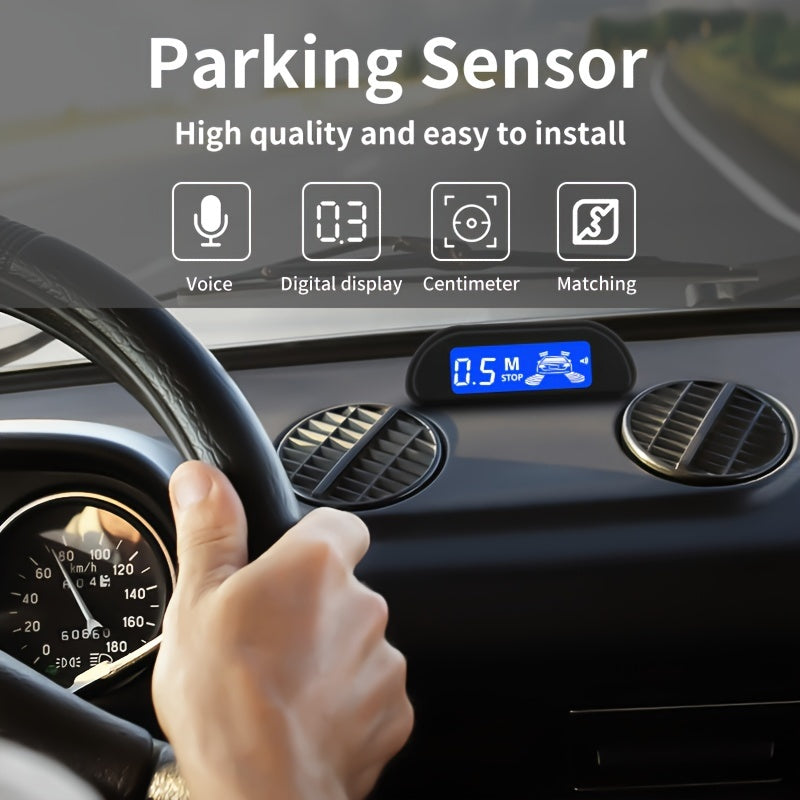 Car Reversing Radar with 4 parking sensors, LED display, sound indicator, 8 colors, and reverse parking assistance.