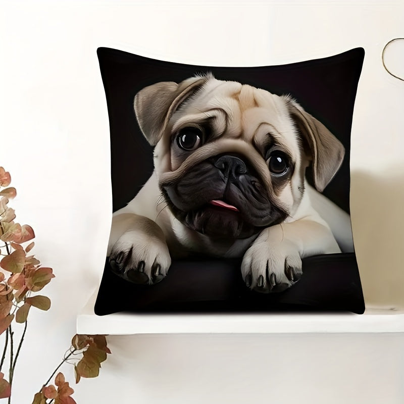 Double-sided throw pillow cover featuring an adorable pug design, measuring 44.96x44.96cm. Made of decorative polyester, this cushion case is ideal for the home and living room. A perfect gift for dog lovers and pug moms, this cover includes a zip