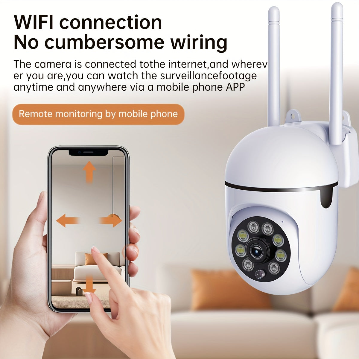 Indoor Use 1080P HD WiFi Security Camera Featuring Night Vision, Motion Detection, USB Power, App Control, 2-Way Audio, and PTZ Function