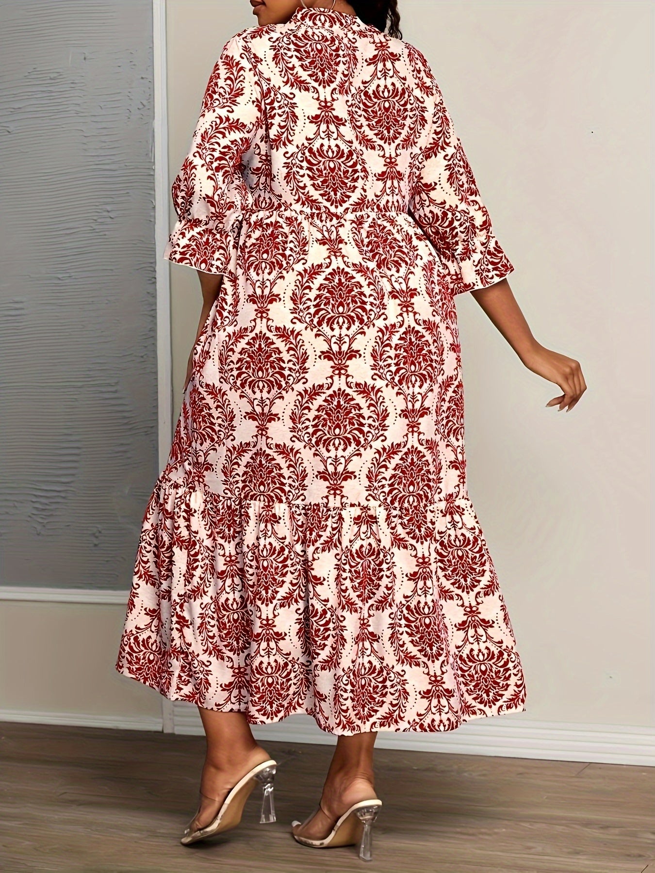 Ethnic Print Loose Longline Dress with Tie Neck for Plus Size Women in Spring & Fall