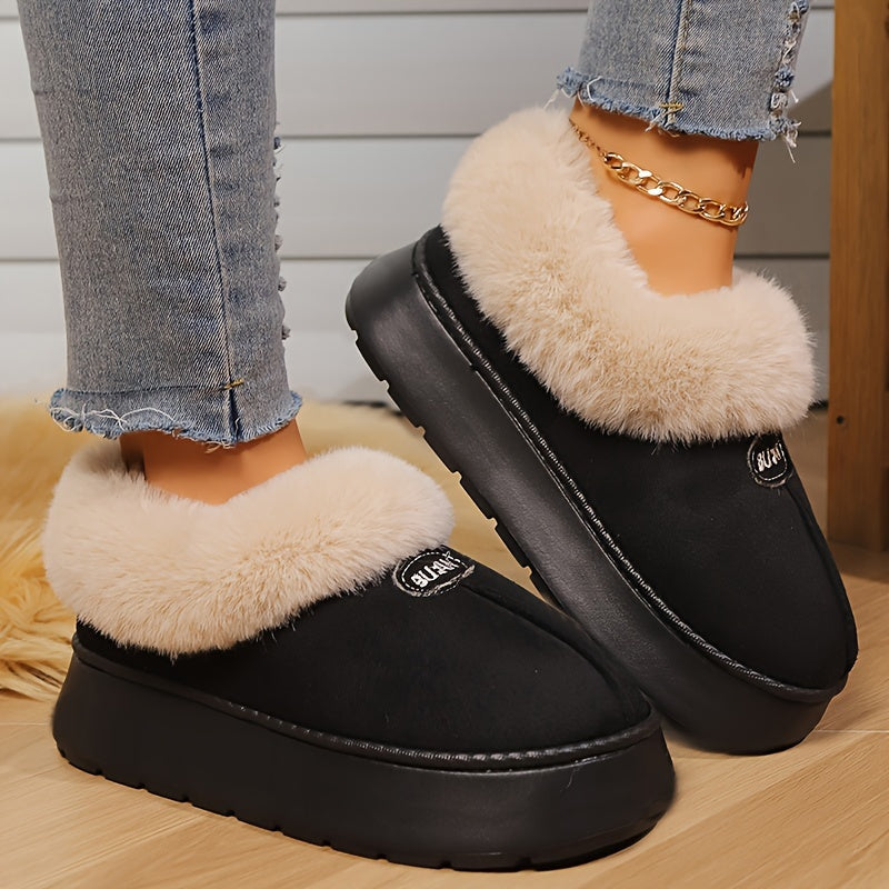 Women's preppy solid color slip on furry slippers with soft warm fleece, round toe, EVA sole, fabric upper and inner material, all-season casual wear.