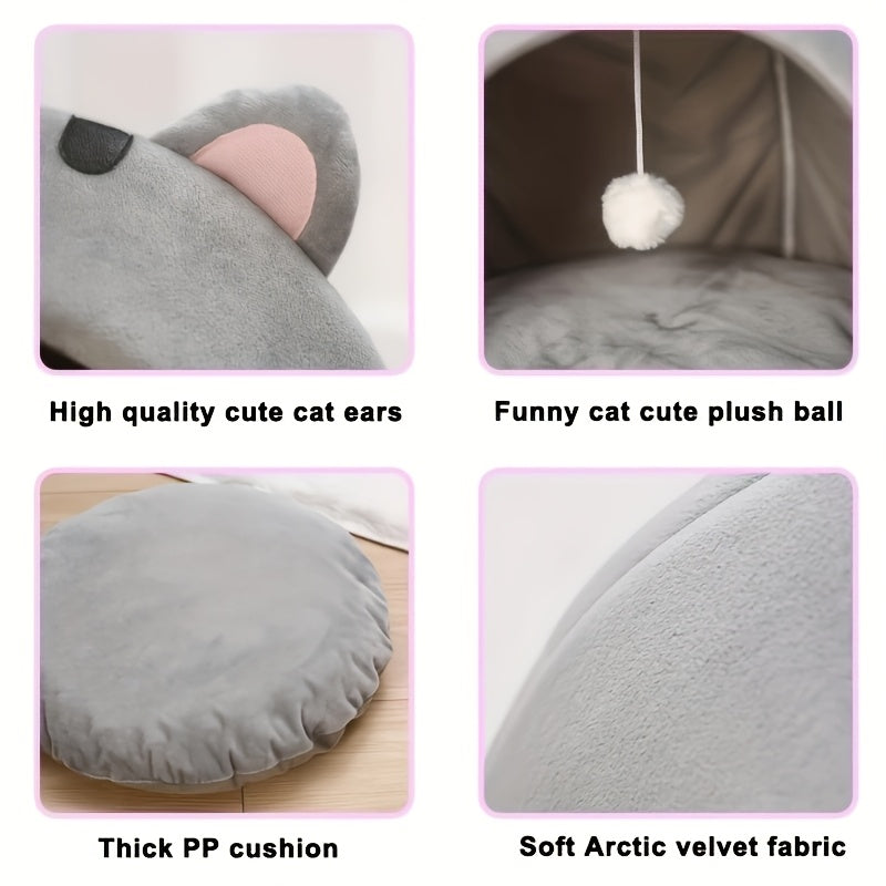 Polyester fiber cat bed with cushion and small tent for indoor pets.