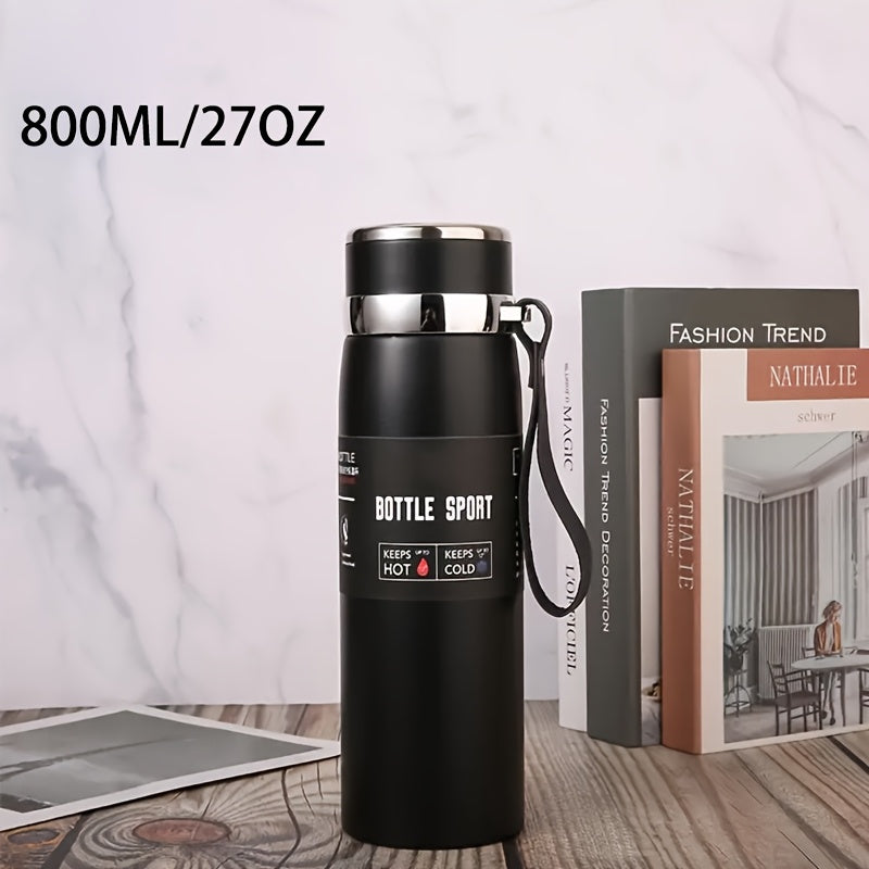 Stainless steel 1000ml vacuum insulated water bottle with portable strap, BPA-free, keeps hot/cold for sports and outdoor activities, hand wash only.