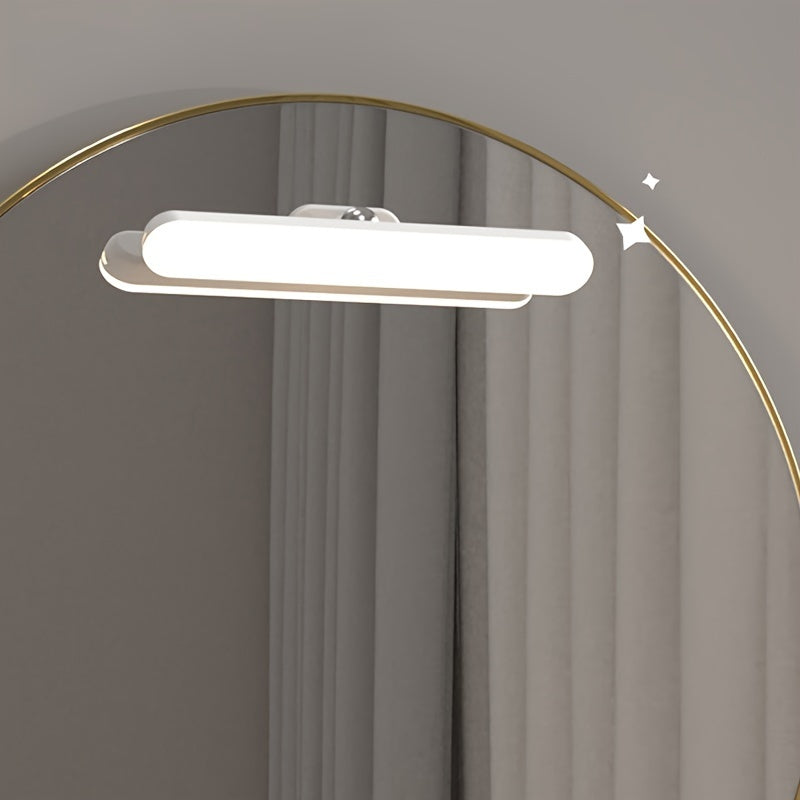 Modern LED vanity mirror lights with 360° rotation, touch-controlled brightness and angle, rechargeable battery, and USB cable. Perfect for makeup application in the bathroom or vanity area. Ideal vanity accessory.