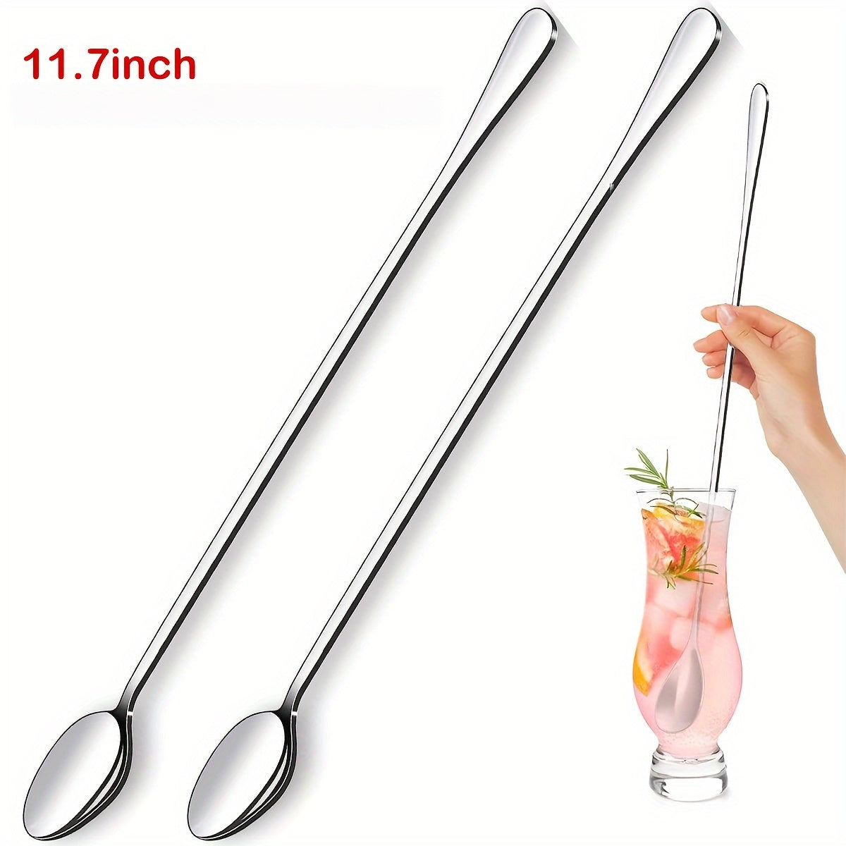 Set of 2 long-handled stainless steel iced tea spoons, perfect for stirring drinks in various settings. Dishwasher safe with a mirror finish.