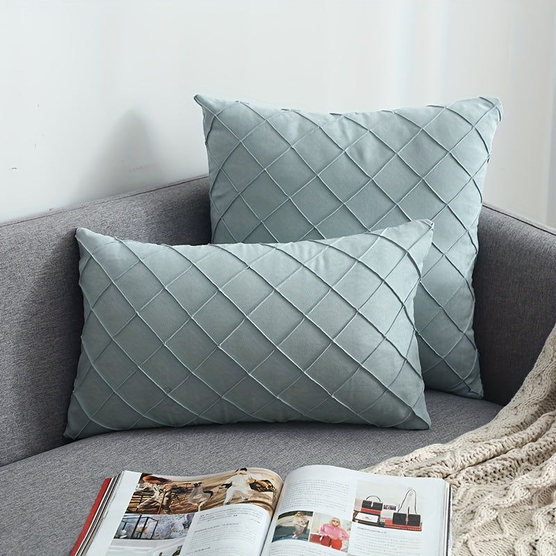 Luxury Nordic Quilted Throw Pillow Cover with Elegant French Style in Soft Suede Fabric. Features Invisible Zipper and is Machine Washable. Ideal for Modern Living Room Decor. Available in Square and Rectangle Sizes.