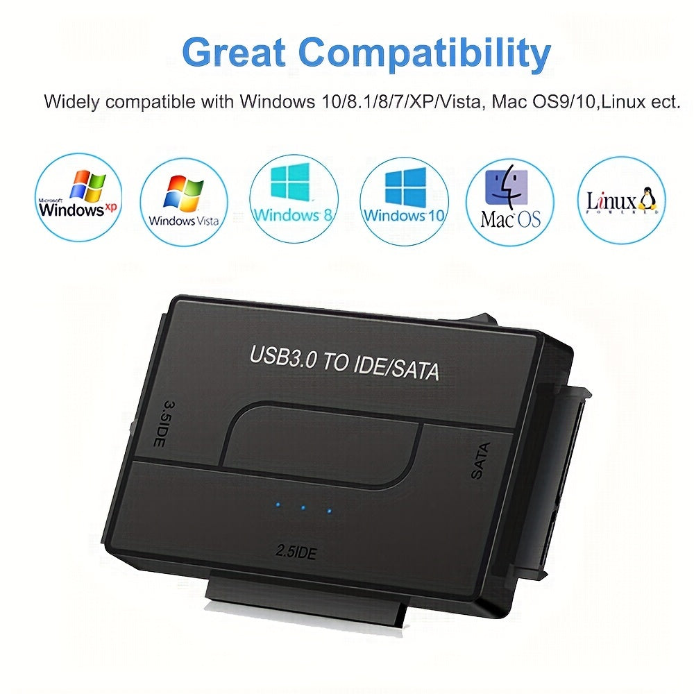 USB 3.0 SATA IDE Hard Drive Reader with Universal Adapter Kit for SATA and IDE HDD SSD, includes 12V/2A EU Power Adapter