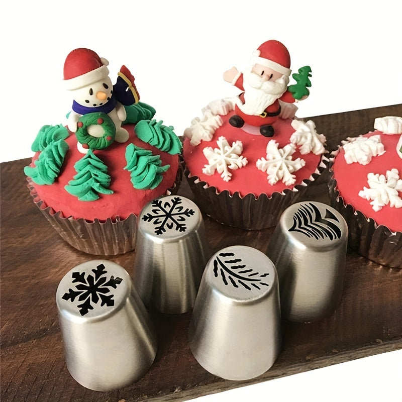 Set of 4 Stainless Steel Icing Piping Nozzles featuring Snowflake, Christmas Tree, and Leaf Designs for Cake Decoration and Festive Baking Essentials