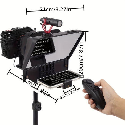 Portable Teleprompter Kit with Smartphone Holder and Remote Control - Compatible with DSLR cameras, live streaming, interviews, stage presentations, and speeches. Lens adapter-friendly