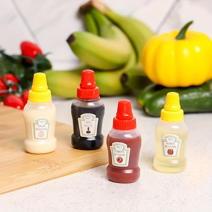 Set of 4 mini sauce bottles for salads, ketchup, honey, and soy sauce - BPA-free plastic dispensers for kitchens and restaurants.