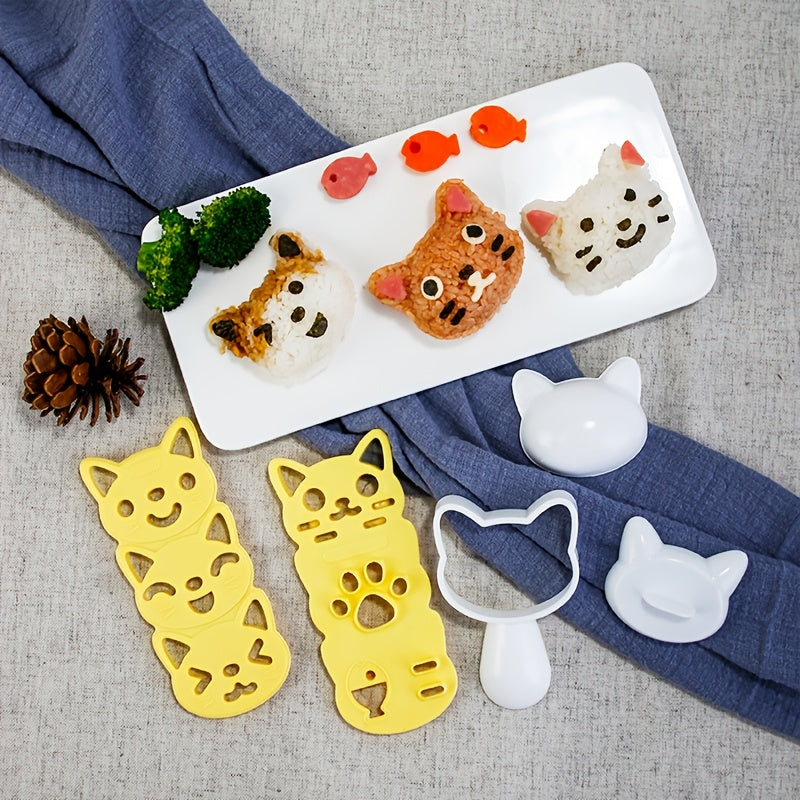 Set of 4 adorable cat-shaped molds for creating small rice balls, perfect for making cute cat-patterned sushi and bento. This kitchen tool is ideal for family gatherings and includes a nori punch knife for added versatility.