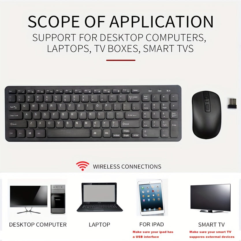 2.4G Wireless Keyboard and Mouse Combo with slim design, ergonomic optical mouse, ABS material, without charging function, compatible with PCs.