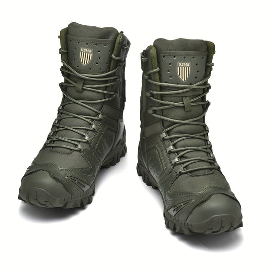 Men's high top hiking boots with zipper, ideal for outdoor mountain climbing. Comfortable, non-slip, and durable.