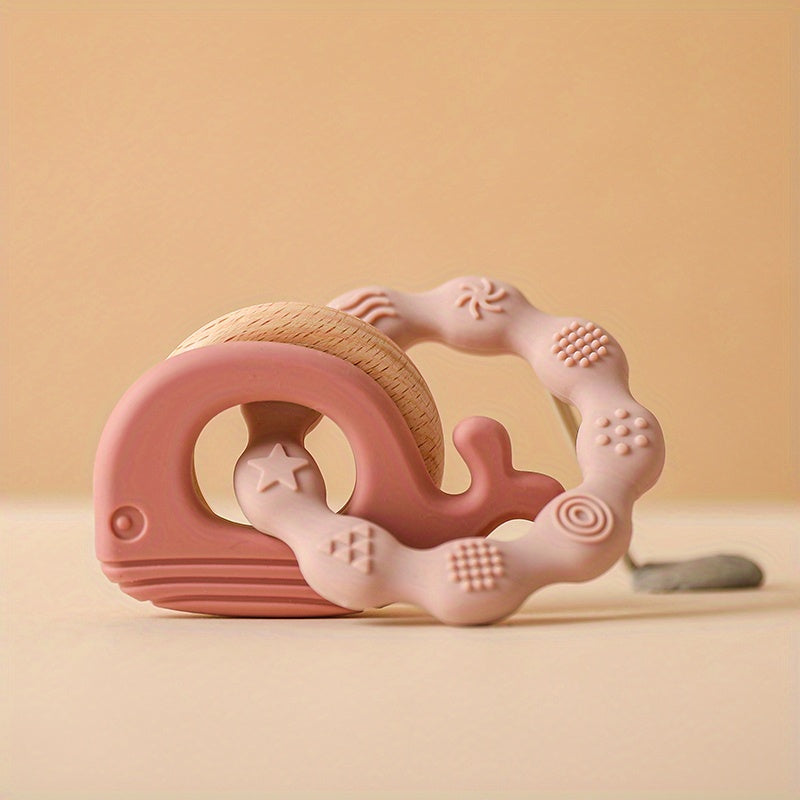 Chewable soothing toy in adorable whale shape for babies aged 0-3 years.