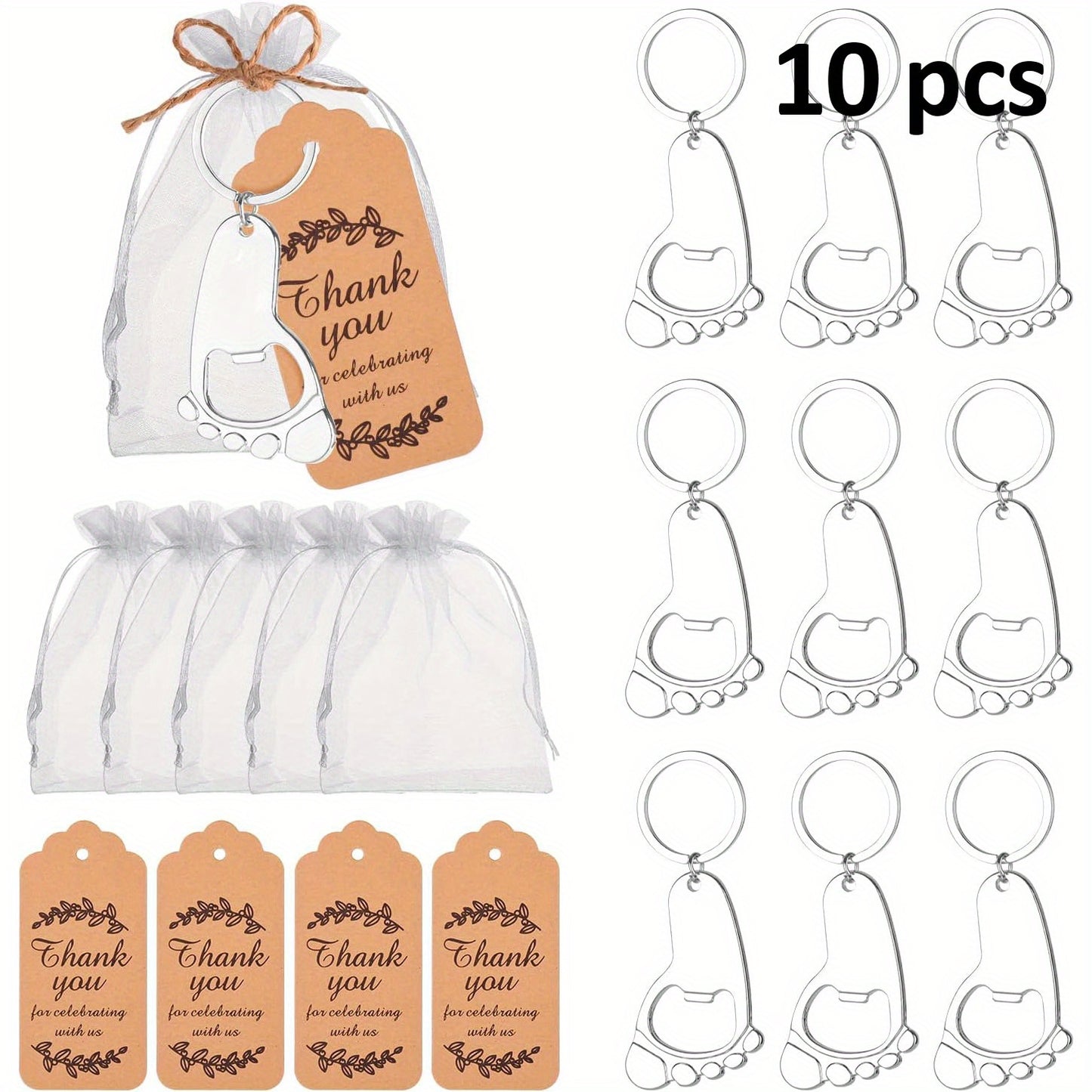 Set of 10 Footprint Keychain Bottle Opener Shower Favors with Organza Bag, thank you tag, and 30CM string