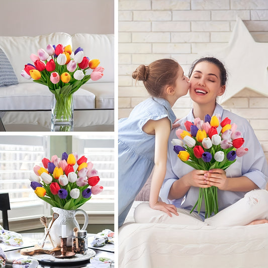 Artificial tulip bouquet with 10 multi-color PU tulips, realistic and adjustable stems for home or wedding decorations. Vivid petals create a beautiful faux flower arrangement.