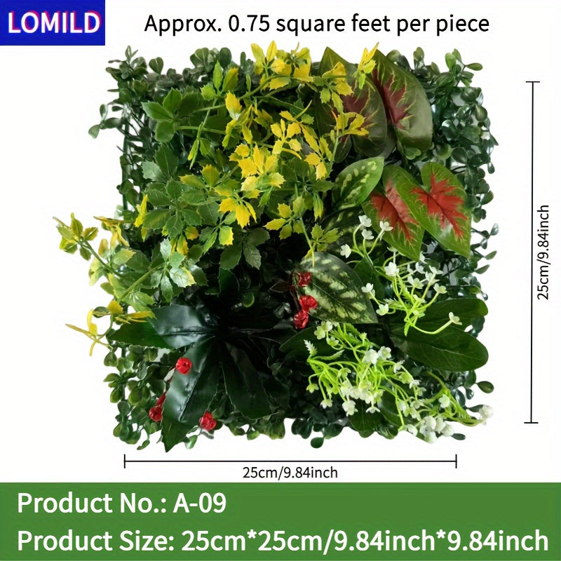 One piece of LOMILD Imitation Milan Mixed Green Plants in various styles with flower and grass skin. Ideal for outdoor wall, wedding, and festival decorations. Also suitable for tying